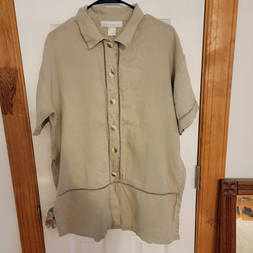 The Limited 100% Linen Tunic Shirt Dress Beige Open Work Button Front XS Women's